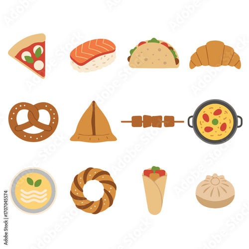 World Food Icon Set – 12 Flat Vector Icons (Pizza, Sushi, Taco, Croissant, Pretzel, Samosa, Satay, Paella, Pho, Simit, Gyro, Xiao Long Bao)