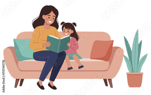 Mother and Daughter Sharing a Book on a Cozy Sofa.