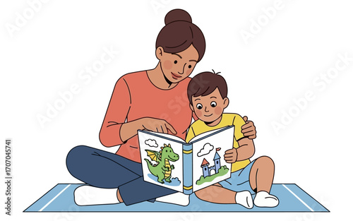 Mother and Son Enjoying a Storybook Reading Session.