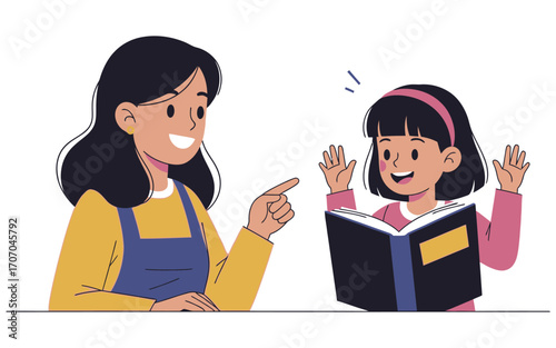 Happy Woman and Girl Reading Book Together Animated Illustration.