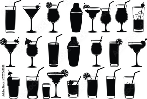 Cocktail and drink silhouette icons, mixed beverages, shaker, margarita, tropical cocktails, party drinks, bar glassware, vector set.