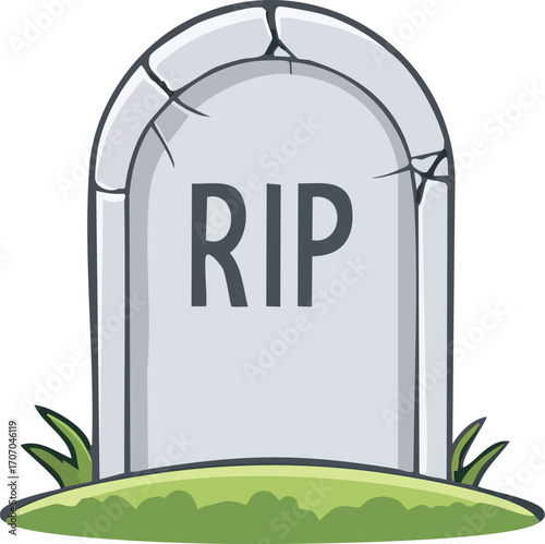 A cartoon depiction of a tombstone with the letters "RIP" etched onto its surface, standing on grass.