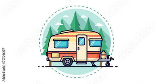 A cute flat vector illustration of a camping caravan with trees in the background, soft shadows, clean bold outlines, bright pastel colors, playful and cozy style, isolated on white