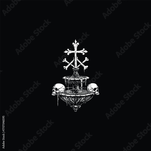 Dark and macabre vector illustration of a gothic fountain adorned with skulls and a stylized cross symbol