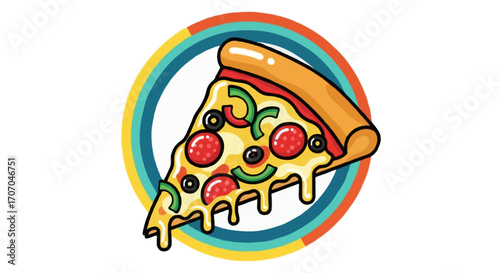 A flat vector illustration of a pizza slice with melting cheese and toppings, fun colorful design, clean bold outlines, decorative circle background