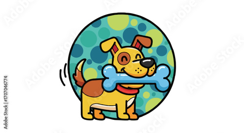 A flat vector illustration of a happy dog holding a bone, playful cartoon style, clean bold outline, decorative circle background