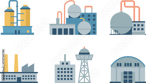 Industrial buildings, factory plant, refinery tanks, manufacturing facility, energy station, chemical plant, power plant, communication tower, infrastructure, industry icons set