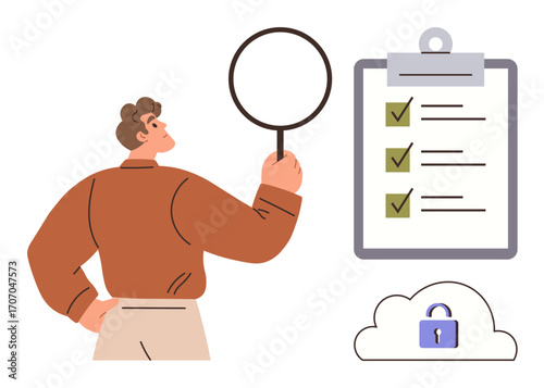 Focused individual examines a checklist using magnifying glass, emphasizing accuracy, compliance, and security. Ideal for quality control, security audits, analysis, research, planning