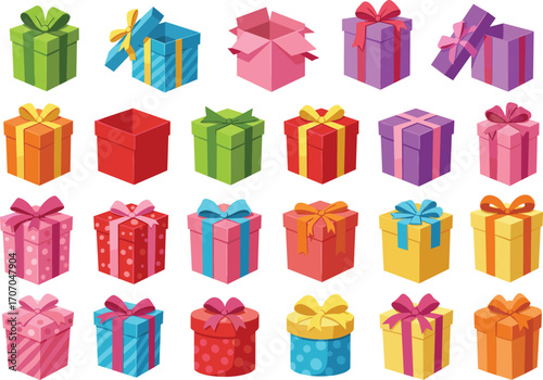 Colorful gift boxes collection, birthday present illustrations, festive wrapping paper, ribbons, celebration icons, holiday packaging, vector design, party gifts