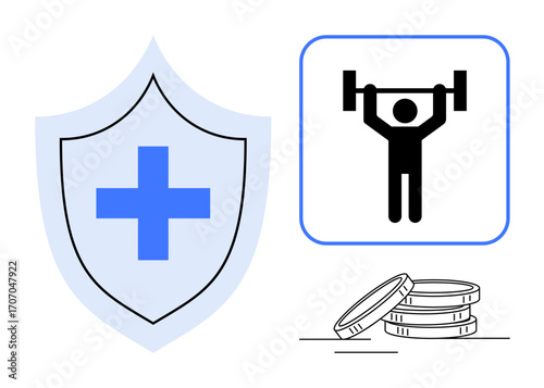 Shield with health cross, weightlifter with barbell, and stacked coins combine health, fitness, and finance. Ideal for healthcare, wellness, insurance, fitness financial planning and lifestyle