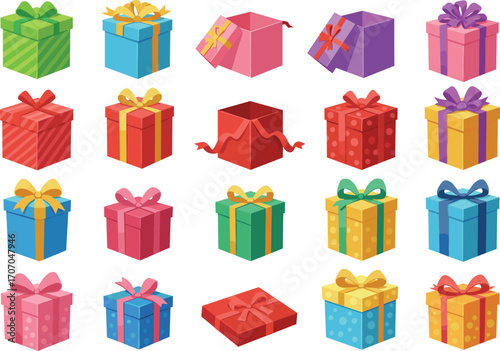 Colorful gift box set, birthday present illustrations, festive holiday packaging, wrapped boxes with ribbons, celebration icons, vector flat design.