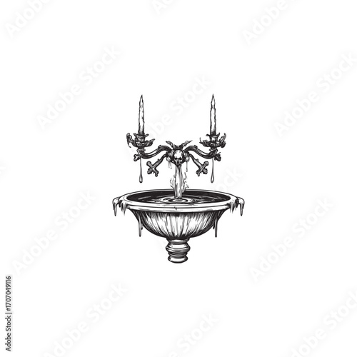 Dark vintage vector illustration of a small, ornate fountain with an antique candelabra and dripping candles