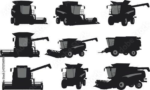 Combine harvester silhouettes, agricultural machinery, farming equipment, crop harvesting machines, grain harvesters, farm technology, tractor trailers, vector icons.