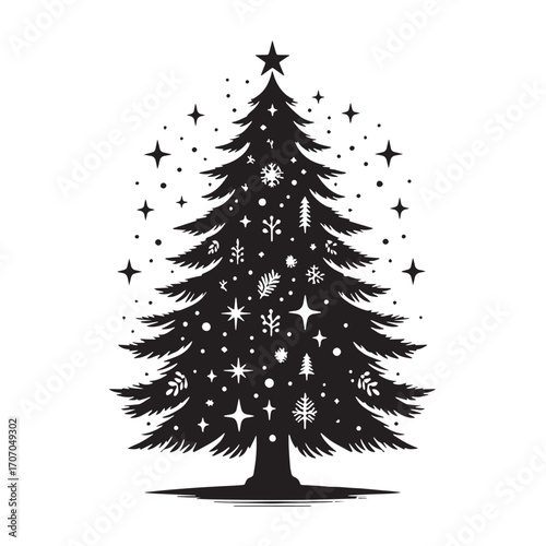Black Christmas Tree Silhouette Vector Illustration design, Solid White Background