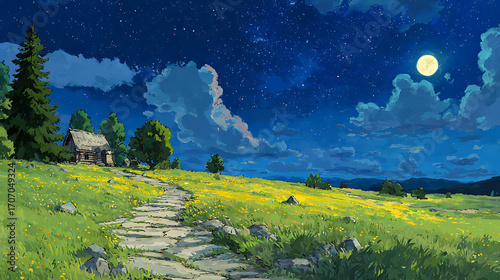 Starry sky, a meadow full of yellow flowers and green grass on the hillside in front of an old house with lights on inside