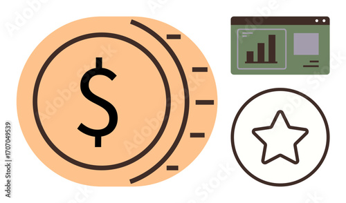 Large dollar coin symbolizes financial success. Chart indicates performance growth, while a star rating conveys excellence. Ideal for finance, analytics, rewards, business strategy, evaluation