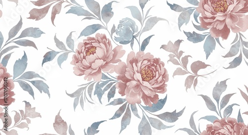 Watercolor Floral Pattern: Pink Peonies and Leaves on White.
