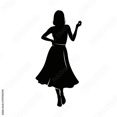 Silhouette of a slender woman in a dress posing gracefully isolated on white background
