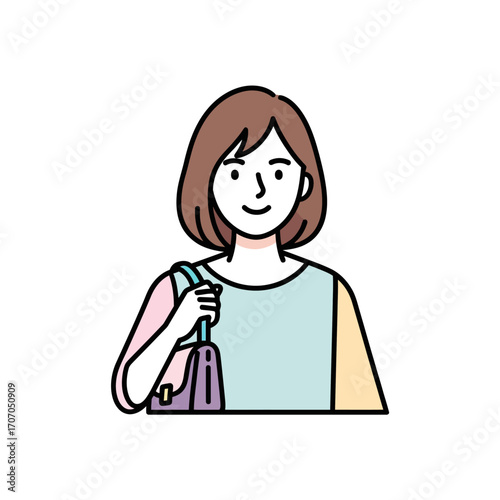 A smiling woman with short brown hair carrying a purple purse isolated on white background