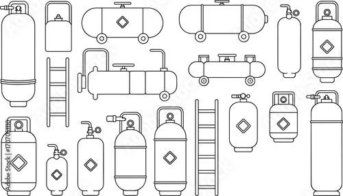 Compressed gas cylinders illustration, industrial gas tanks, pressure vessel equipment, gas storage container, compressed air tanks, gas cylinder vector drawing, industrial safety equipment.