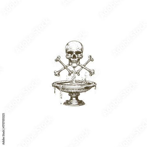 Classic vintage vector illustration of a macabre fountain with a human skull and crossed bones (skull and crossbones) motif