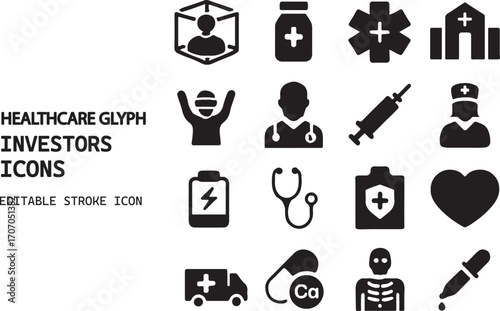 Comprehensive set of healthcare and medical glyph icons for investors and professionals isolated on white background