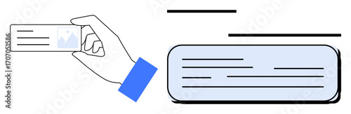 Hand holding an ID card next to a document outline, highlighting identification and organization. Ideal for business, security, verification, information sharing, personal data, corporate identity