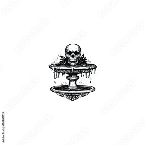 Classic tiered gothic fountain with a human skull and eerie dripping liquid, depicted in a detailed black and white illustration