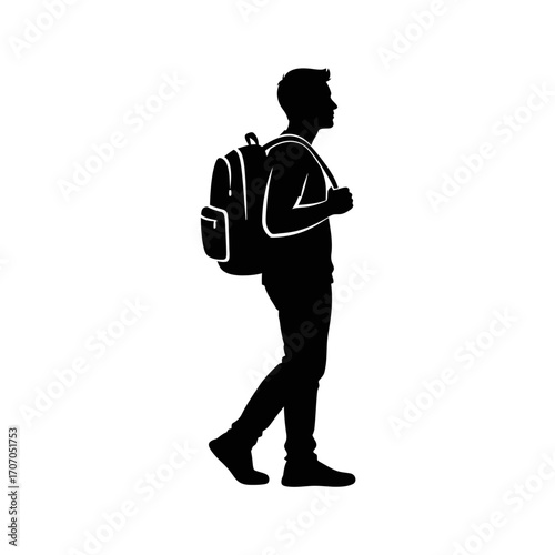 Silhouette of a man with backpack isolated on white background, a traveler on a journey
