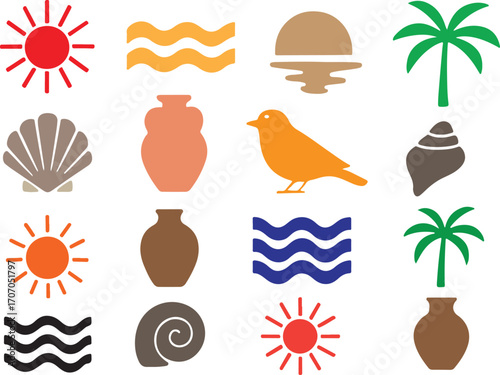 Tropical island icons collection sunny seashells palm trees sun and birds decorative elements isolated on white background