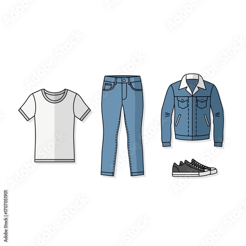 Set of casual clothes isolated on white background tshirt, jeans, jacket and sneakers vector icon