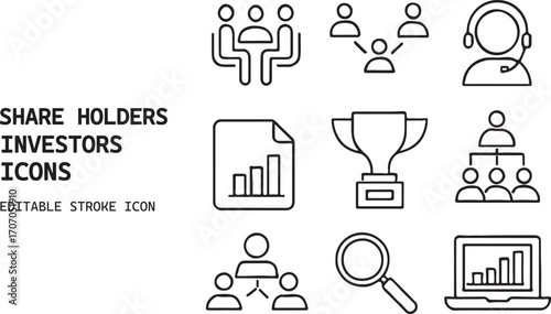 Collection of shareholder and investor icons for business and finance presentations isolated on white background
