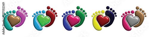 Set of five colorful foot heart logos symbolizing love and care, perfect for health and wellness brands
