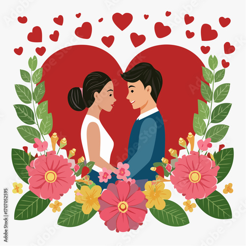 A loving couple holding hands surrounded by a heart-shaped frame of flowers and leaves, celebrating romance and affection