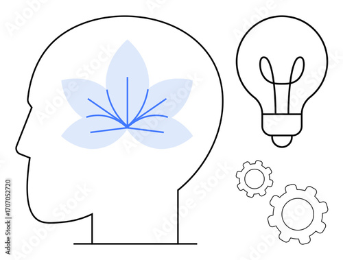 Human profile with a lotus symbolizing mindfulness, creativity, lightbulb for innovation, and gears for process. Ideal for mental health, creativity, innovation, mindfulness, problem-solving