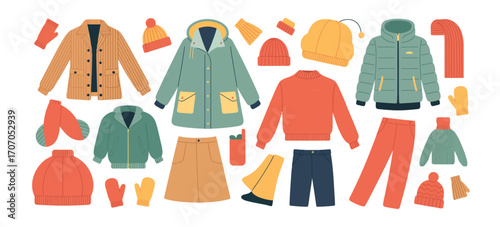 Set of Winter Clothes Vector Illustration – Coats, Hats, Gloves, Shoes, and Socks,  Seasonal Clothing, Cold Weather Wear, Fashion Icons, Warm Accessories, Cozy Outfit, Wardrobe Collection