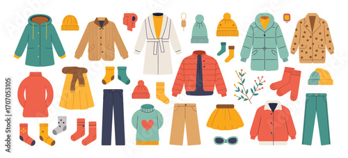Vector Set of Winter Clothes including Coats, Hats, Gloves, Shoes, and Socks,  Seasonal Clothing Icons, Cold Weather Fashion, Cozy Outfit Elements, Winter Wardrobe Collection, Flat Style Illustration