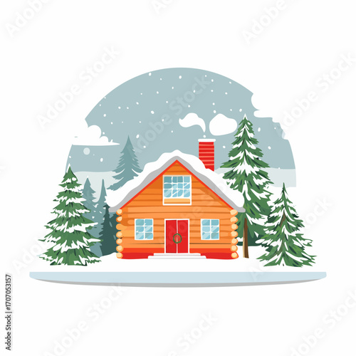 Winter Cabin Scene Cozy Holiday Home in a Snowy Forest Illustration