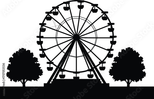 Ferris wheel silhouette, amusement park ride, black and white vector, carnival attraction illustration, summer fairground background, family fun design.