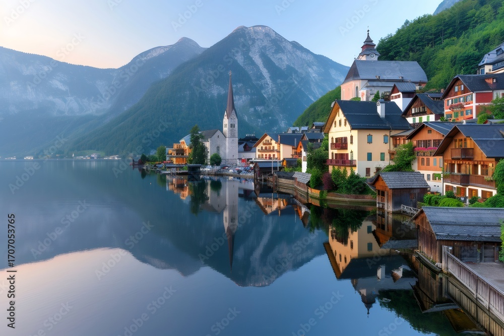 Fototapeta premium Hallstatt reflecting in the calm water of Lake Hallstatt at sunrise