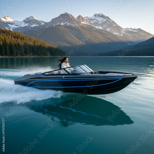 A woman in a white dress and sunglasses is driving a vintage-style wooden motorboat on a lake with a scenic hillside town and green mountains in the background. The boat is creating a splash and a wak