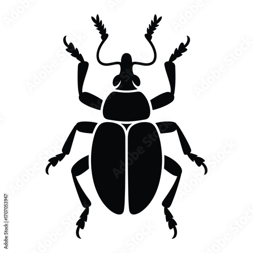Black silhouette of a beetle with intricate legs and antennae on a white background