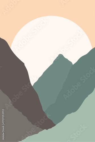 Minimalist abstract mountain landscape with large sun – serene nature background illustration