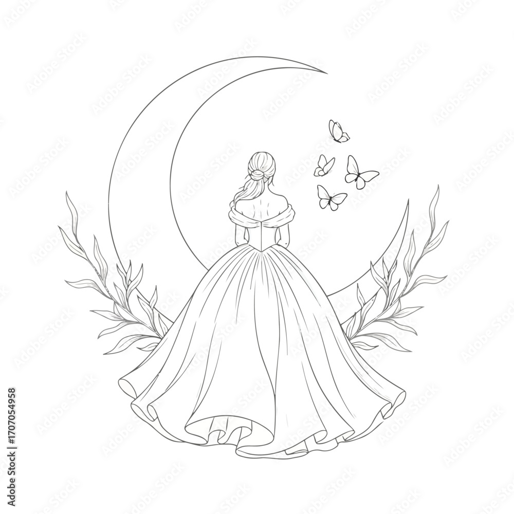 Fototapeta premium Illustration of young woman in a ball gown with butterflies and moon