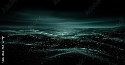Ethereal digital landscape with undulating waves of teal and gold particles against a dark, blurred horizon, creating a sense of depth and mystery