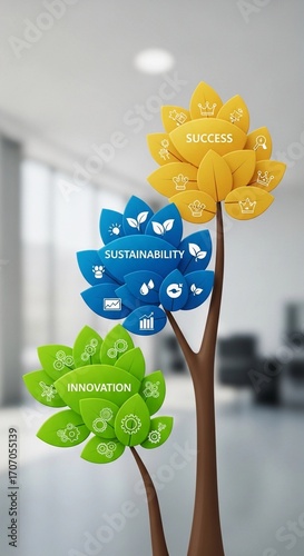 Concept of sustainability, innovation, and success represented by tree structure