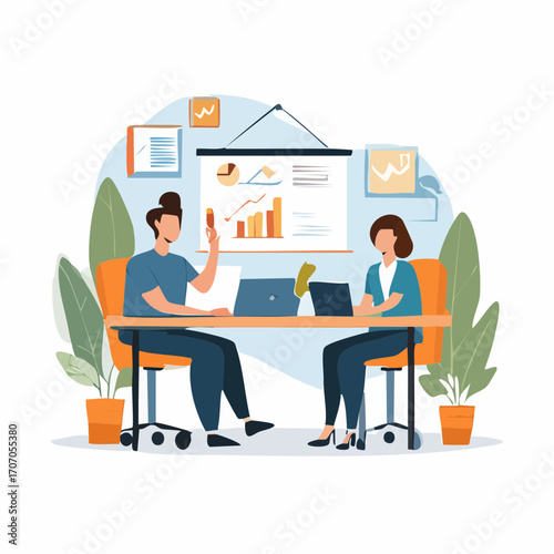 Business meeting illustration with charts and plants on a table with two people discussing work