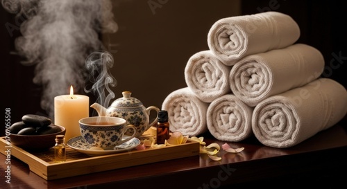 Relaxing spa scene with tea, candles, and towels creating a serene, calming atmosphere for wellness