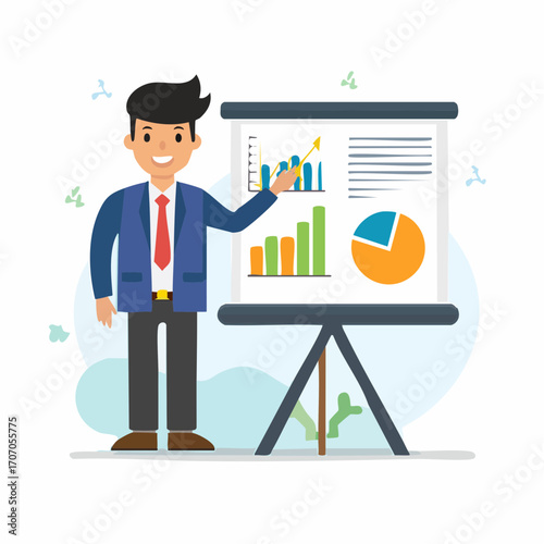 Confident businessman delivering a successful presentation with data visualization charts and financial growth graphs on a flip chart