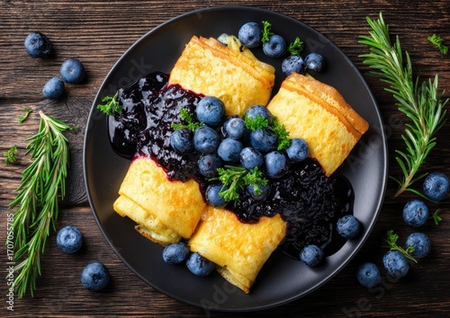 Golden crepes drizzled with blueberry compote and garnished with fresh rosemary, served on a dark plate on a rustic wooden surface